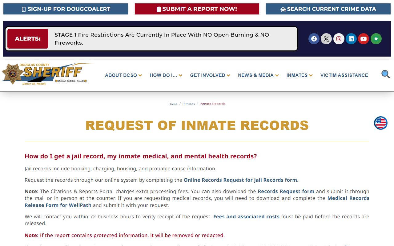 Douglas County inmate records request page for jail records